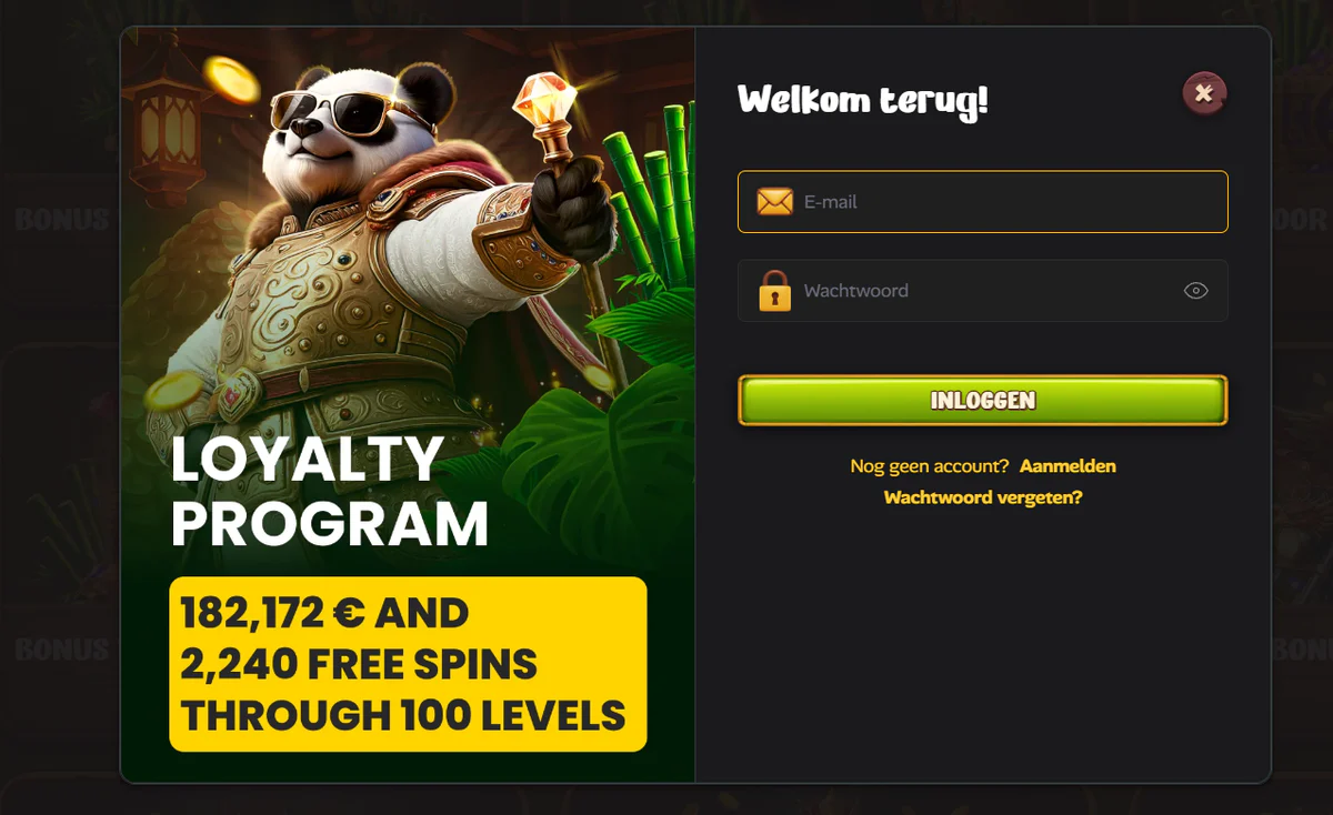 Asino Casino inlogformulier met e-mail en wachtwoord, naast het loyaliteitsprogramma met 100 niveaus en gratis spins